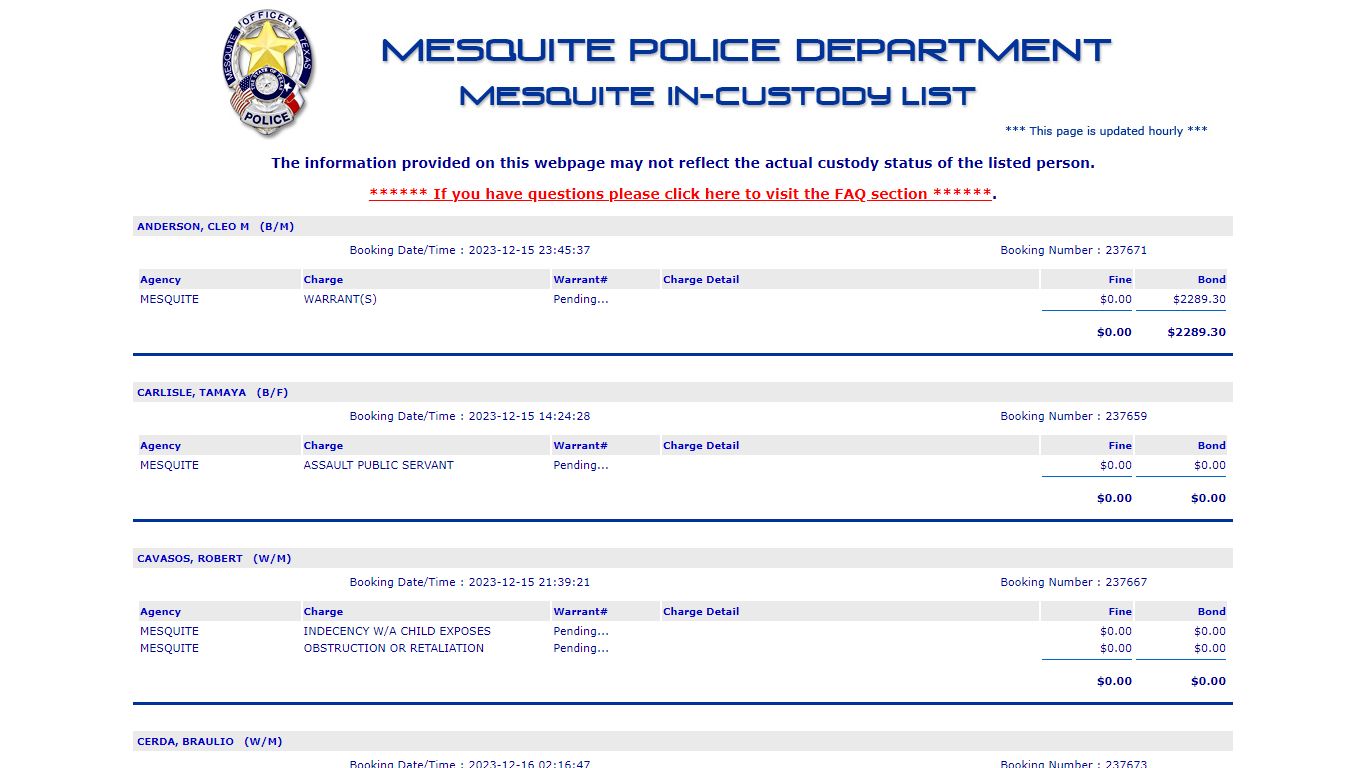 Jail List - Mesquite Police Department